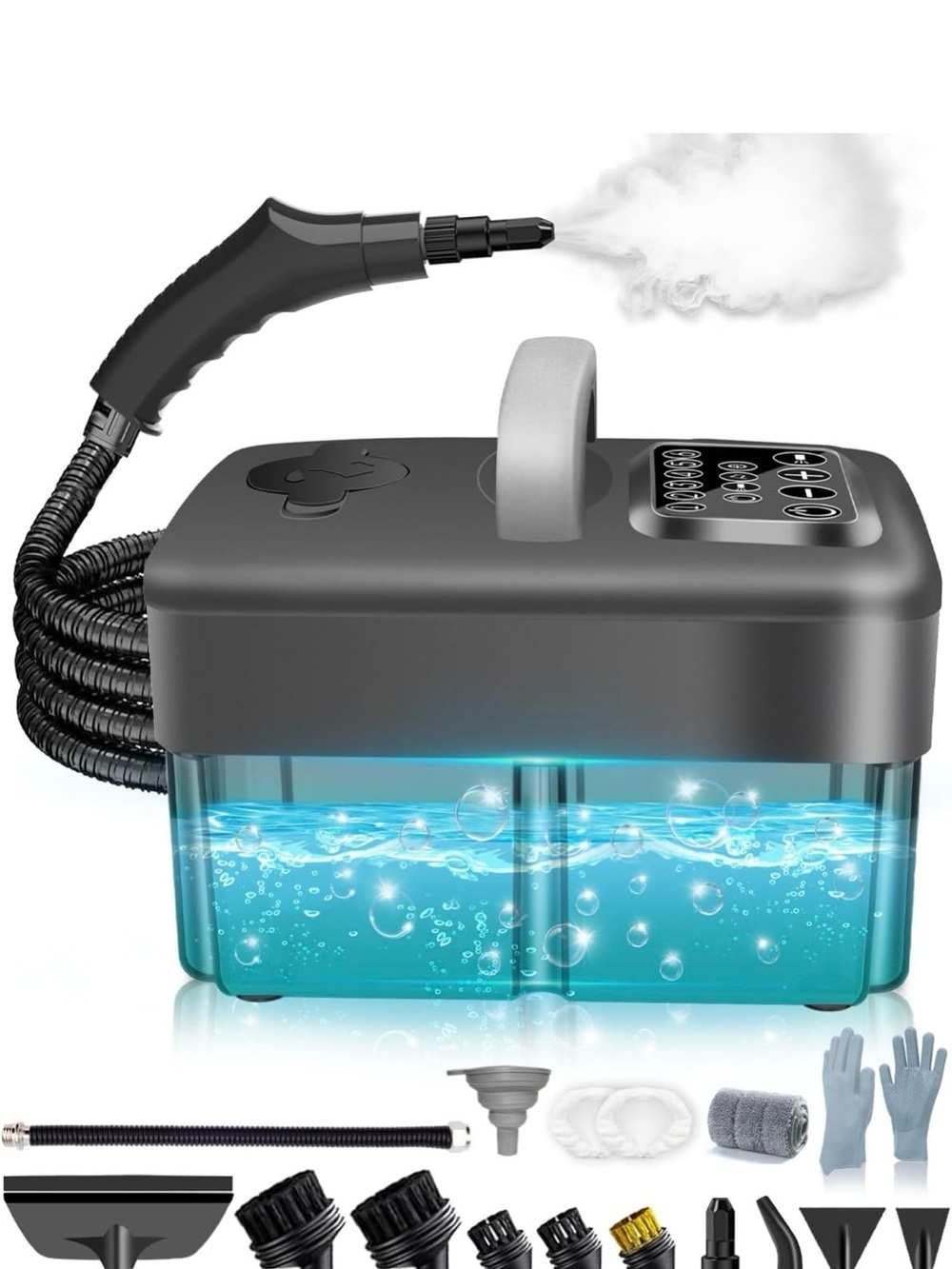 Gray & Black Handheld Steam Cleaner with Dual Tank and Accessories